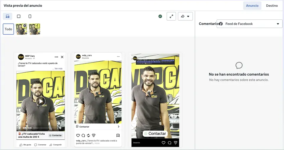 Vista previa de anuncios en Meta Ads creados por Rocket Power